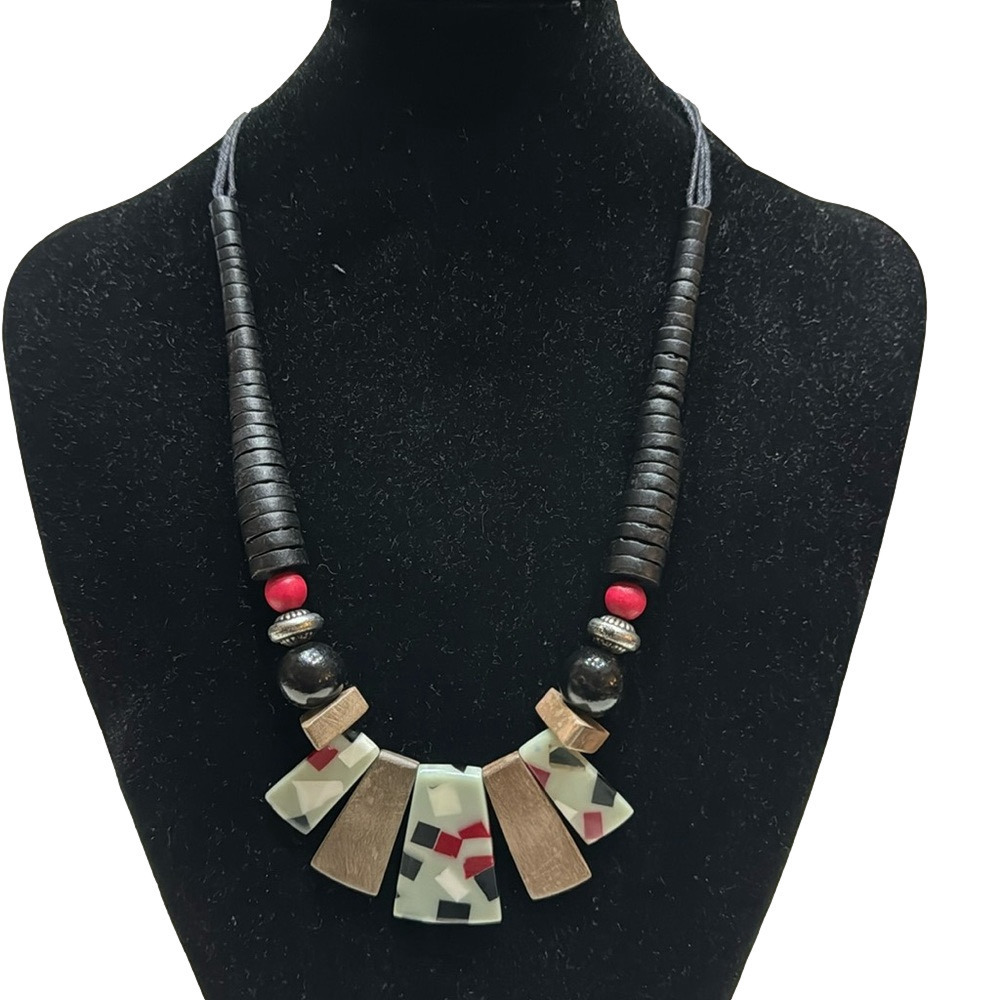 Handcrafted Geometric Pendant Statement Necklace - Black & Red